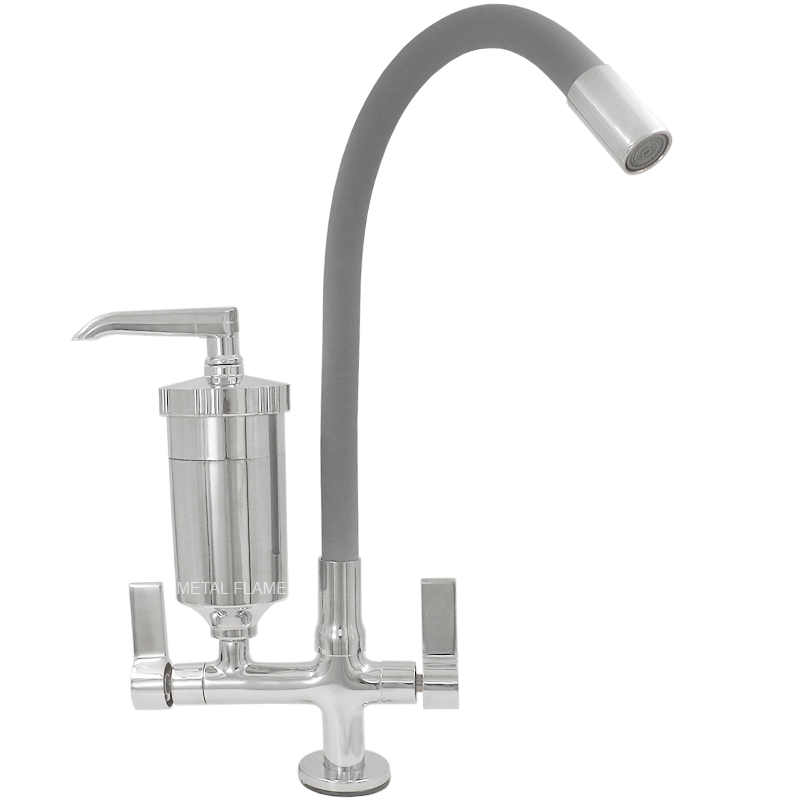 Torneira com Filtro Cozinha Bancada Mesa Metal Tubo Cinza Color Flexível