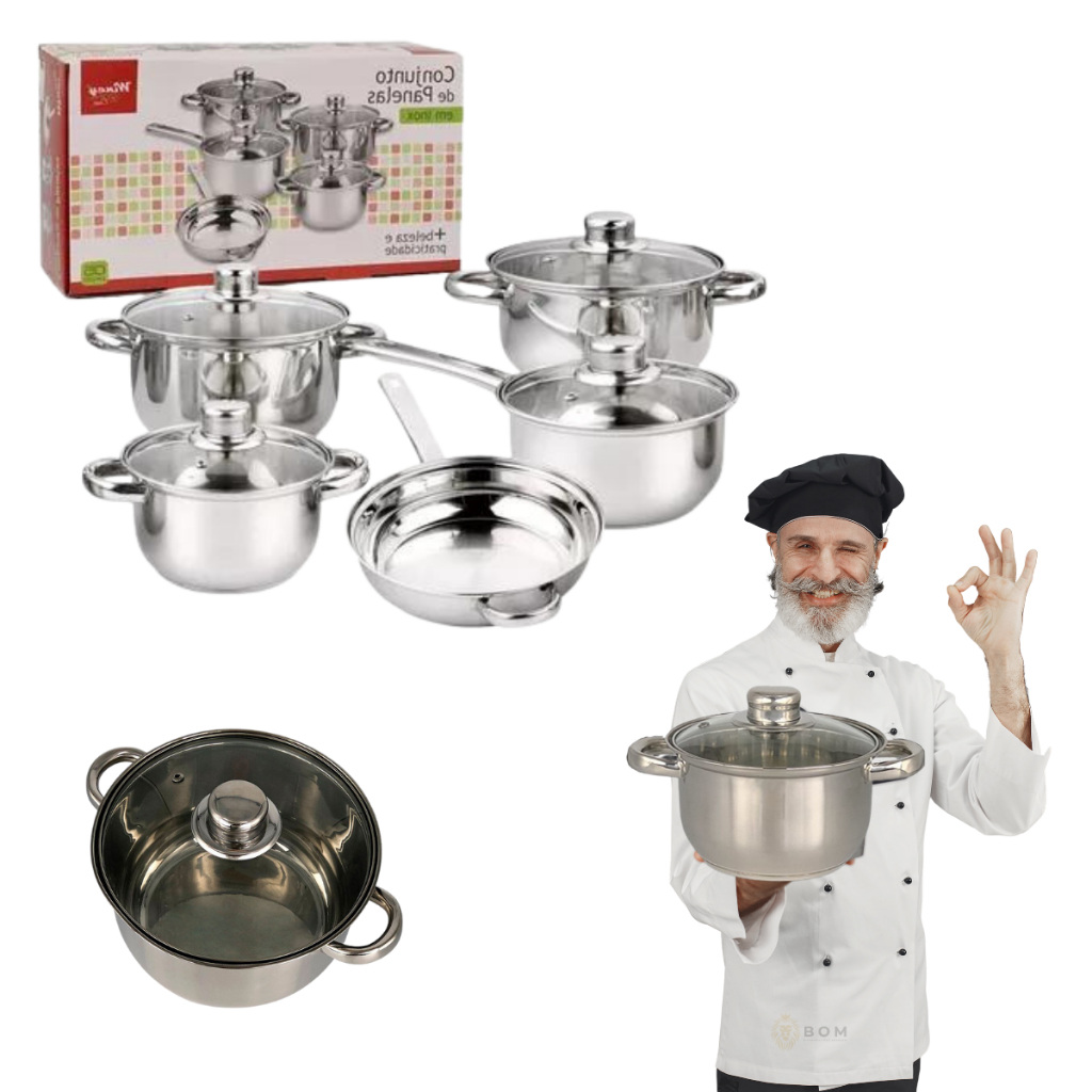 Conjunto Panelas 5 Peças Tampa Vidro Aço Inox Frigideira Caçarola