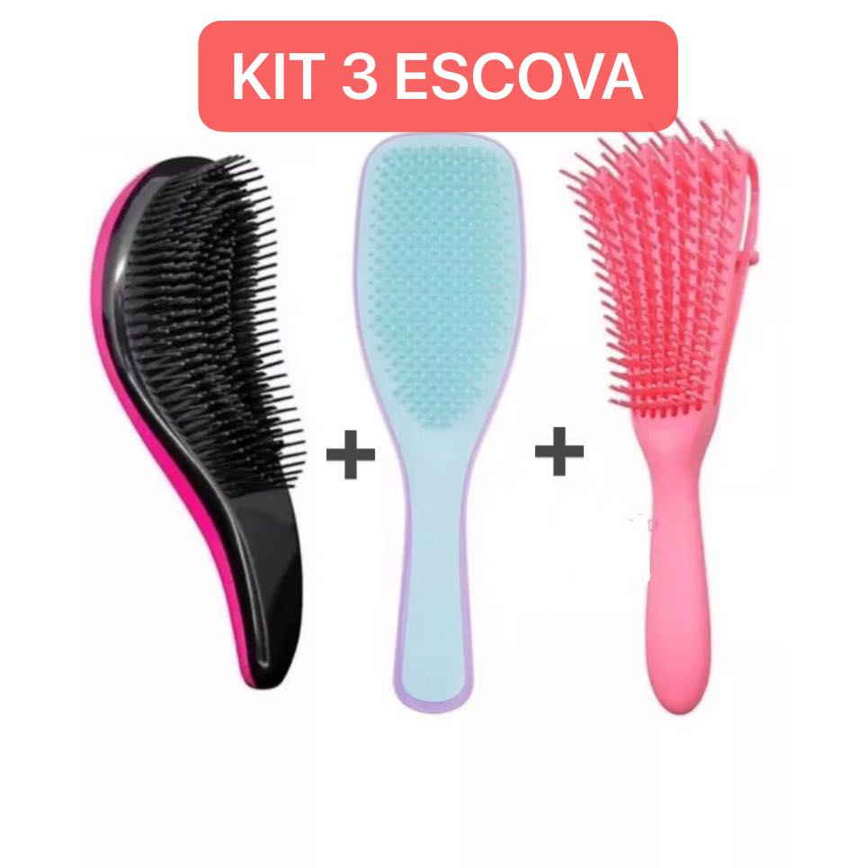 Kit 3 Escovas e Pente Para Cabelo