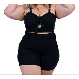 PLUS SIZE MIDI SIZE CONJUNTO SHORT E CROPPED BENGALINE COM LYCRA ENCORPADO