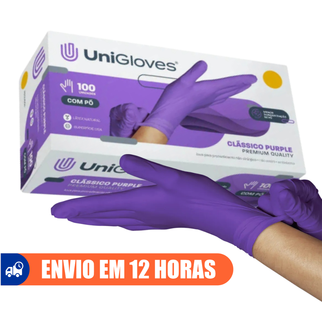 Luva Latex Descartavel Roxa Purple Lilás Roxo Com Po 100un Unigloves