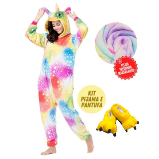 Kit Pijama com Pantufa Kigurumi Fantasia Cosplay Pelúcia Confortável  Macacão com Capuz Pikachu Amarelo