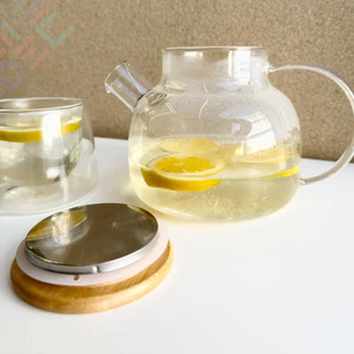 Chaleira de Vidro Tampa de Bambu Jarra Bule infusor Resistente ao Calor Borossilicato 1L chá café