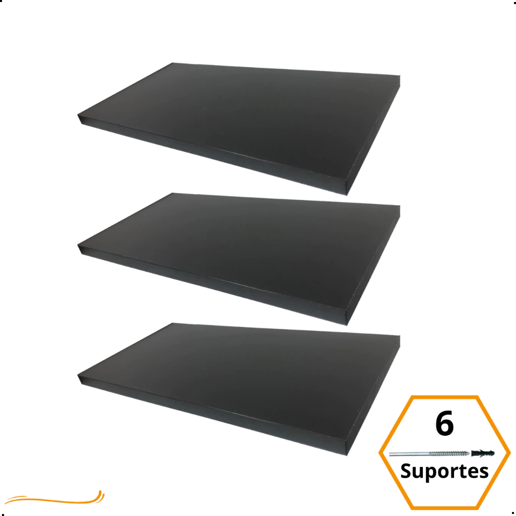 3 Prateleira 40x20 Madeira Mdf Preto Com Suporte Invisível Preto