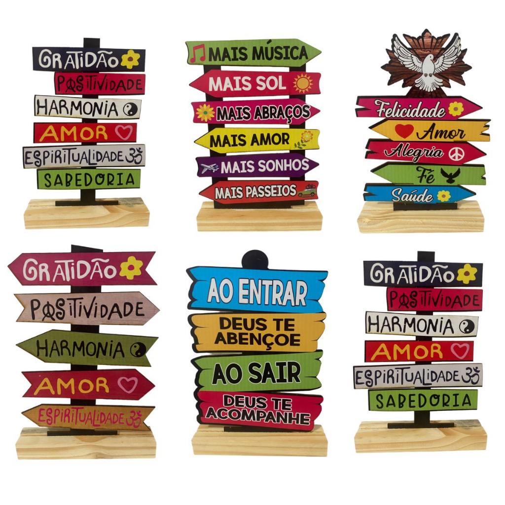 Kit 6 Placas Com Base Decoração Mesa Frases Gratidão Familia Casa Sala