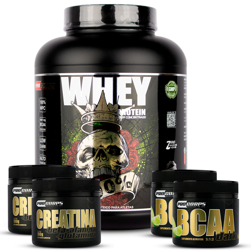 Whey Concentrado 100% 2kg + 2 Creatina + 2 Bcaa