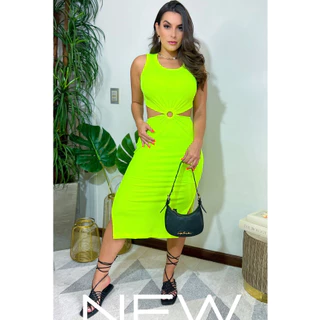 Vestido Feminino Midi Colado Tubinho Cintura Oca Fenda Lateral