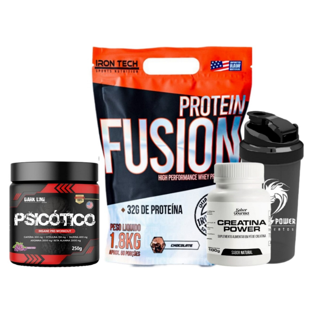 Kit Whey Protein Fusion 1,8kg + Creatina 100g + Psicótico Pré Treino + Shakeira