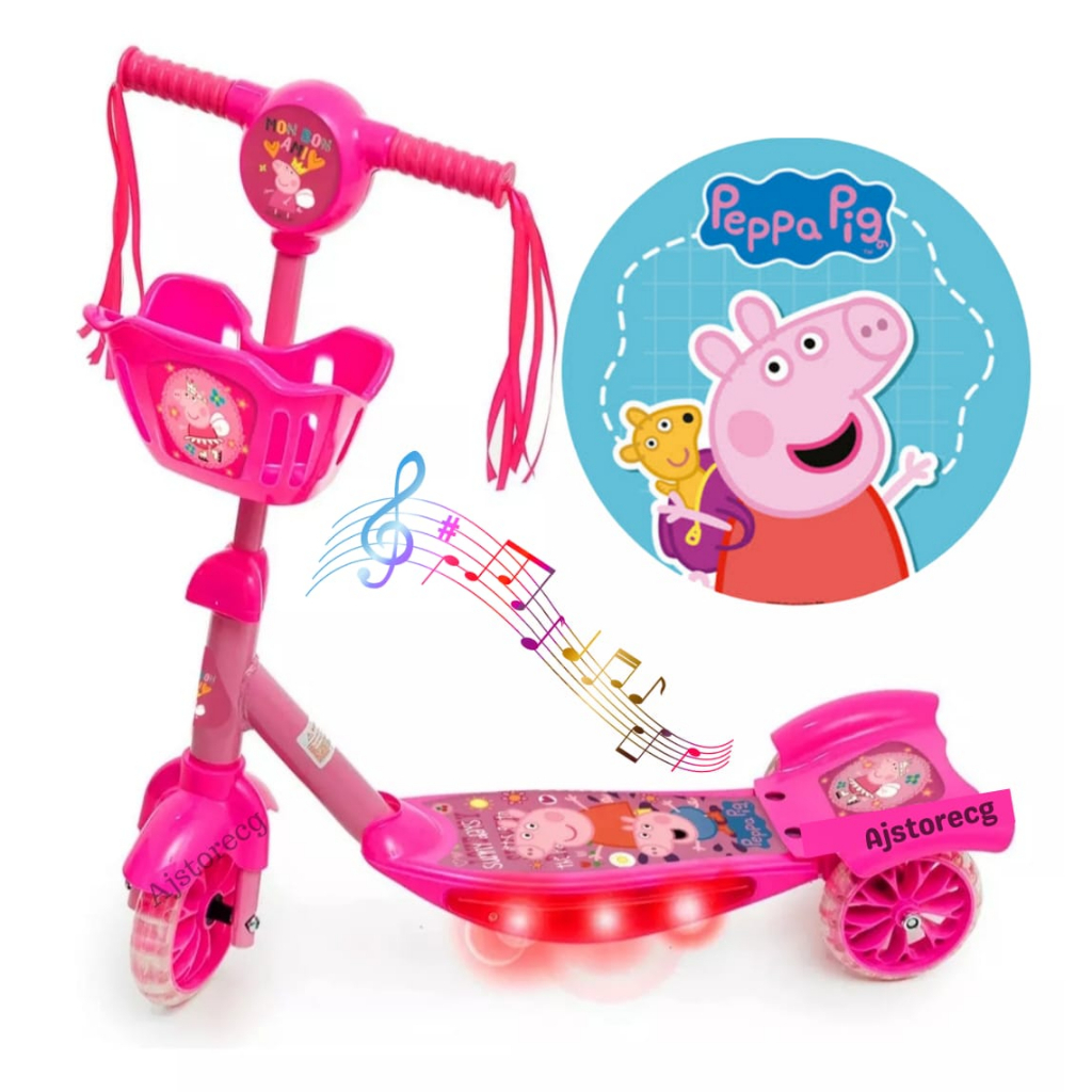 Patinete infantil menina Peppa Pig Musical e Luzes nas Laterais 3 Rodas e Cesta entrega em todo Brasil