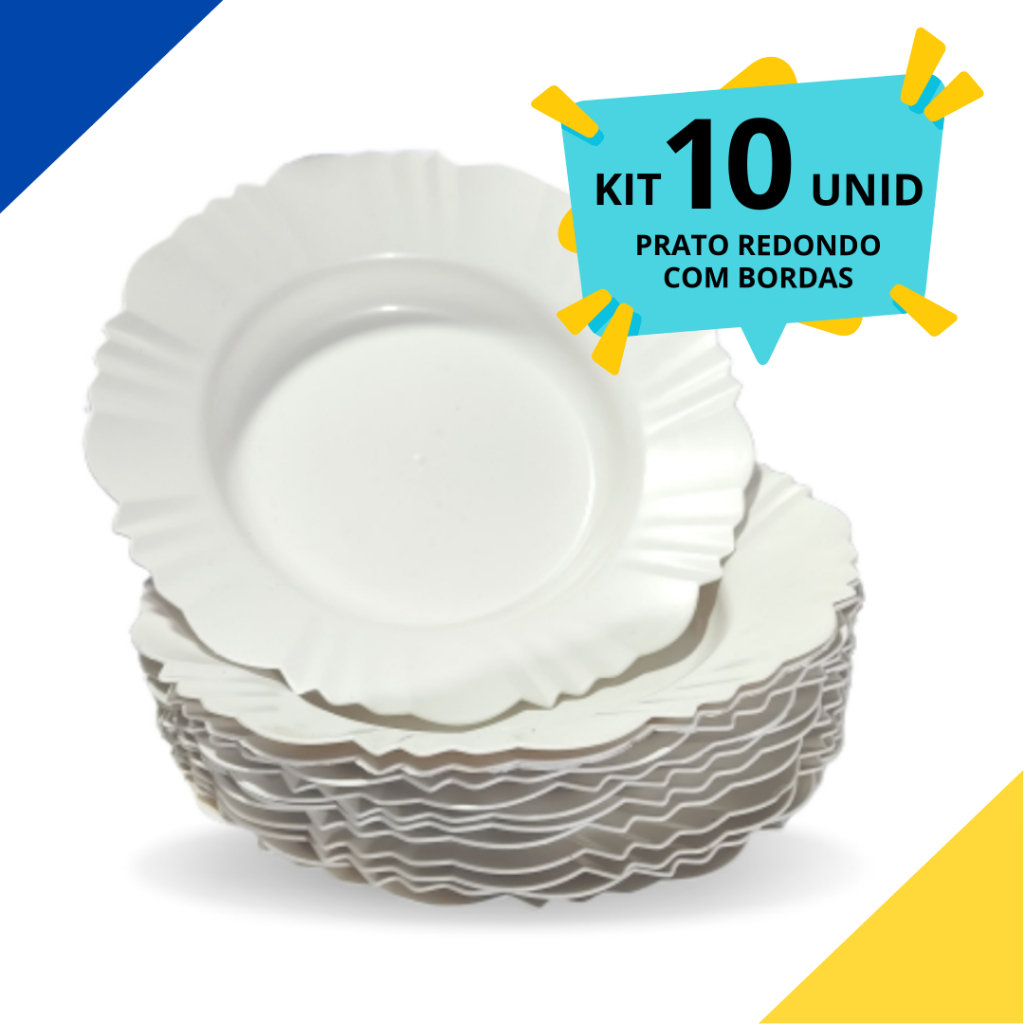 KIT 10 PRATOS REDONDOS COM BORDAS - Ideal para festa, churrasco, refeições, lanches - Plástico Reutilizável