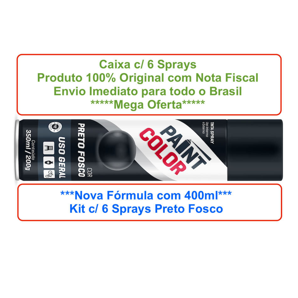Spray Tinta Aerosol Paint Color Preto Fosco 400ml Cx c/ 6 unid. Uso Interno e Externo