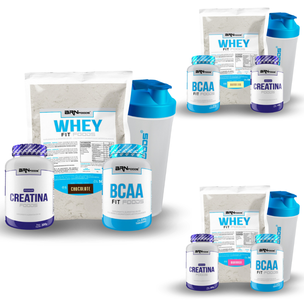 Kit Whey Protein Blend Foods 500g Refil, BCAA Fit 100g Sabor Tangerina, Premium Creatina 100g, Coqueteleira – BRN Foods – Kit para ganho de massa muscular e aumento de força