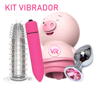Kit Vibrador Porquinho+Bullet aveludado+Capa peniana+Plug anal P