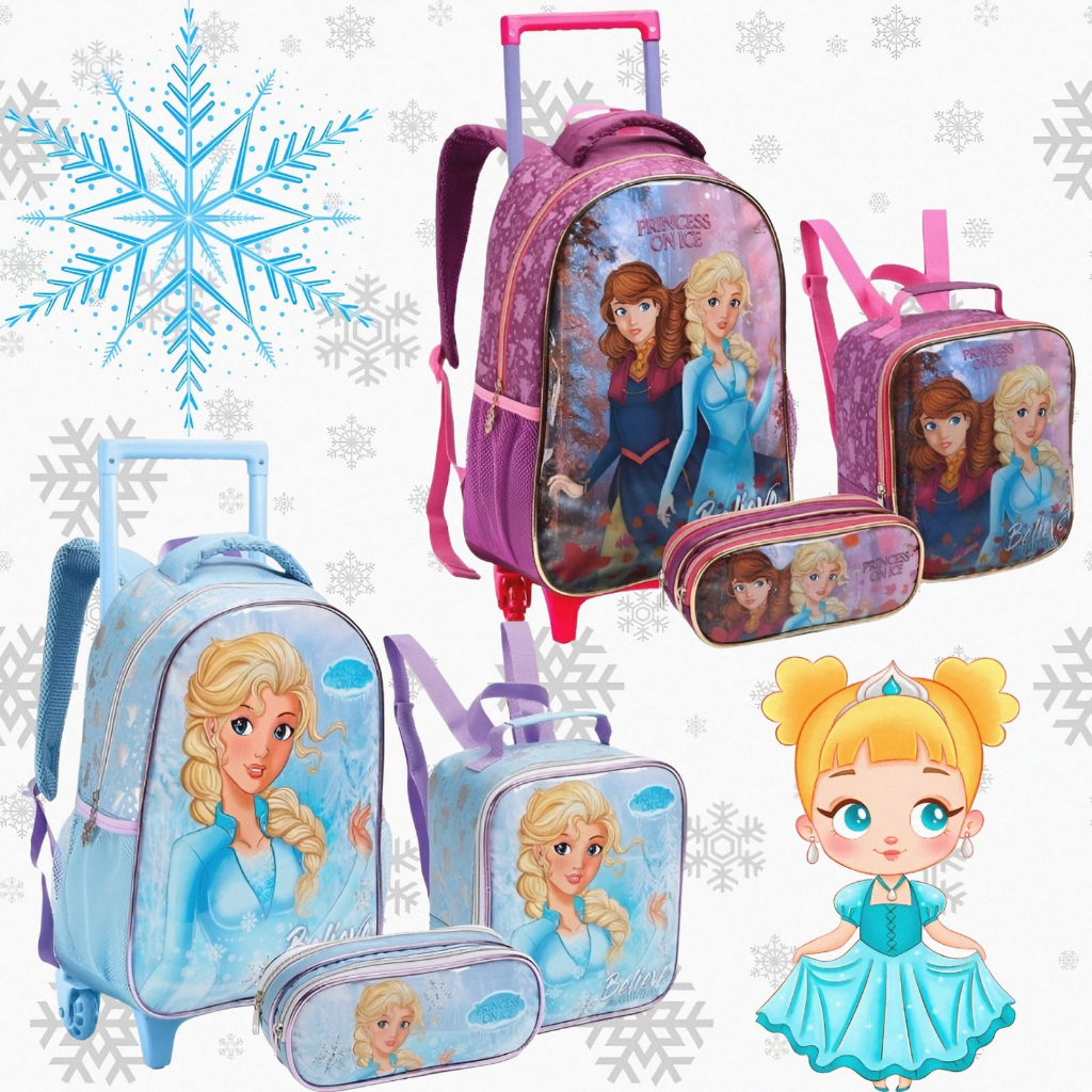 Mochila de Rodinha Menina Infantil Frozen Escolar Princesa Kit Feminina Com Lancheira Térmica e Estojo