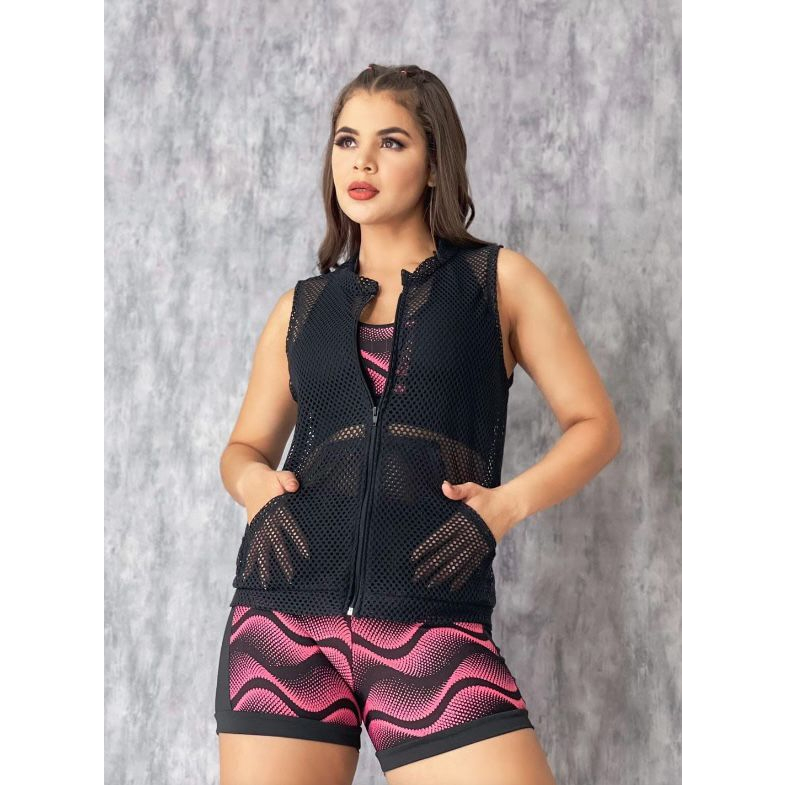 Colete Academia em Tela Arrastão Blusa Feminina Casaco com zíper