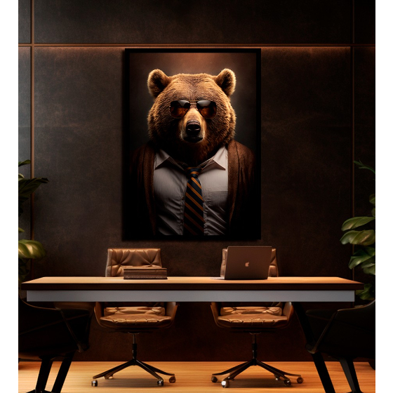 Quadro Decorativo 1 Peça Urso De Terno E Óculos Marrom Mercado Financeiro Para Casa Sala Quarto Escritórios