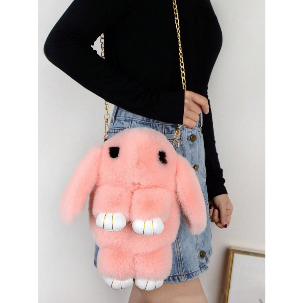 Mochila Bolsa Infantil Pelúcia Alça em Corrente Design de Ursinho com Bolsa 2 em 1 Alça Ombro e Transversal