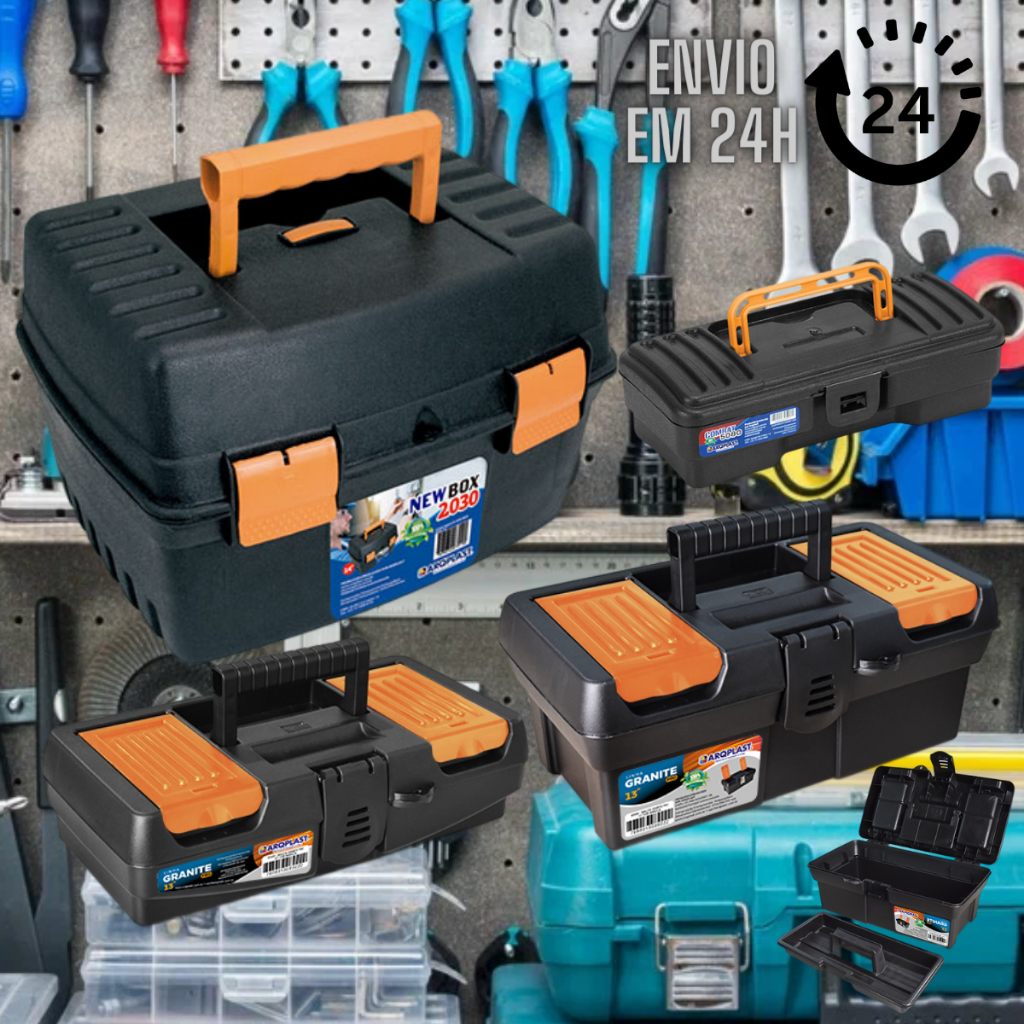 Kit 4 Caixas Plástica Maleta De Ferramentas Organizadora Resistente Eletricistas Grande Durável