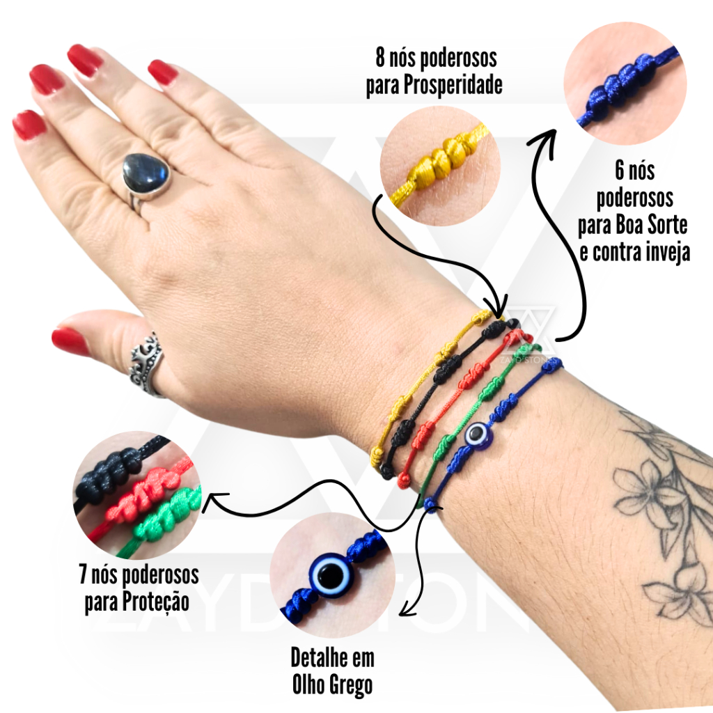 Pulseira Kaballah Cabala Proteção 7 sete nós Olho grego Prosperidade ...