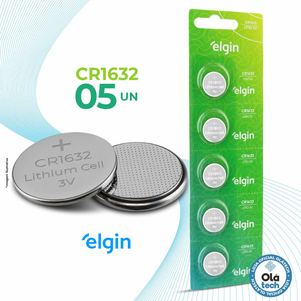 5 Baterias Pilha Botão CR1632 3V Elgin Moeda 1 Cartela (Blister com 5) CR 1632 3 V