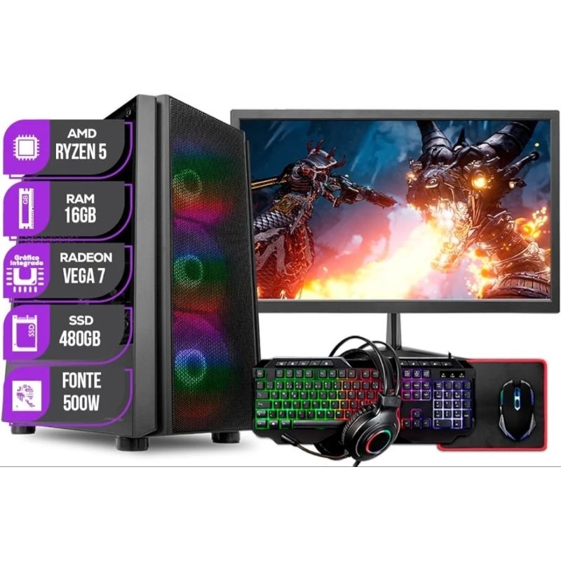 Full PC Gamer Ryzen 5 5600G 16GB RAM SSD 480Gb + 21.5 Monitor + Gamer Kit,  Black Hawk - AliExpress