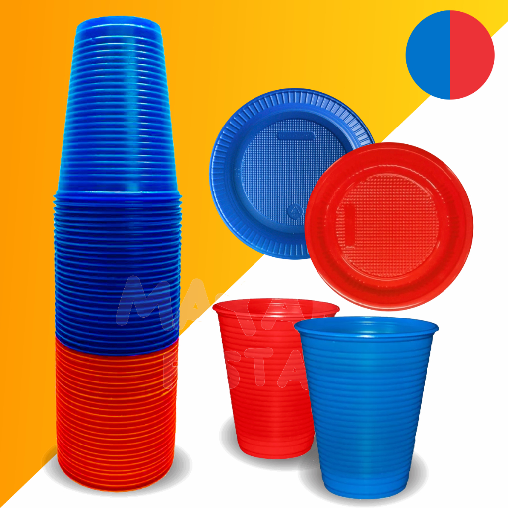Kit Prato e Copo Descartável Azul e Vermelho - 70 Peças | Shopee Brasil
