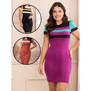 Kit 3 Vestido viscolycra detalhe de listras moda social
