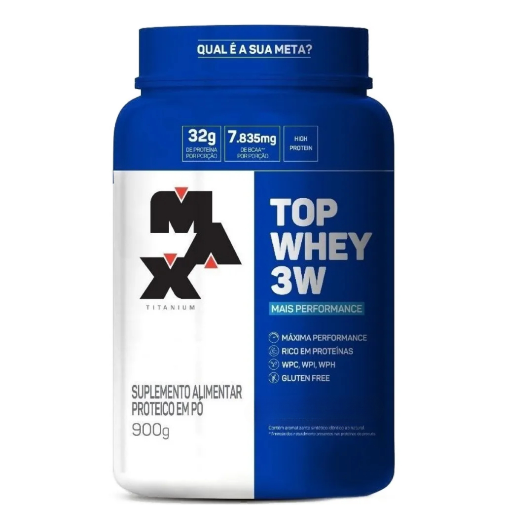 WHEY TOP 3W + PERFORMANCE POTE 900G MAX TITANIUM – Vários Sabores – Suplemento em pó