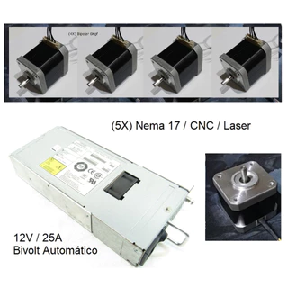 (5X) Motor de Passo Nema 17 6Kg / 4Kg + Fonte 12V 300W / Kit CNC / Laser / Automação