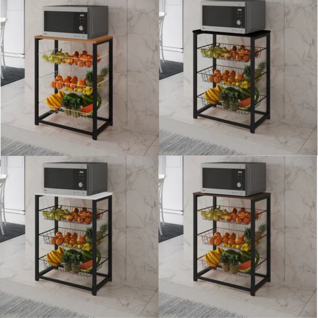 Fruteira Suporte Micro-ondas Para Cozinha com Cesto Organizador Base de Ferro Tampo de Madeira