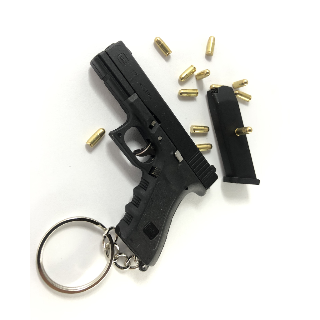Chaveiro Mini Arma Pistola Glock G17 Funcional Polímero e Aço c/ 6 Mini Munições