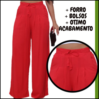 Calça Longa Pantalona Cintura Alta Vermelho