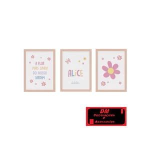 Quadros Infantil Menina Rosa Flor Com Nome Personalizado 3 Peças 20x30 cm
