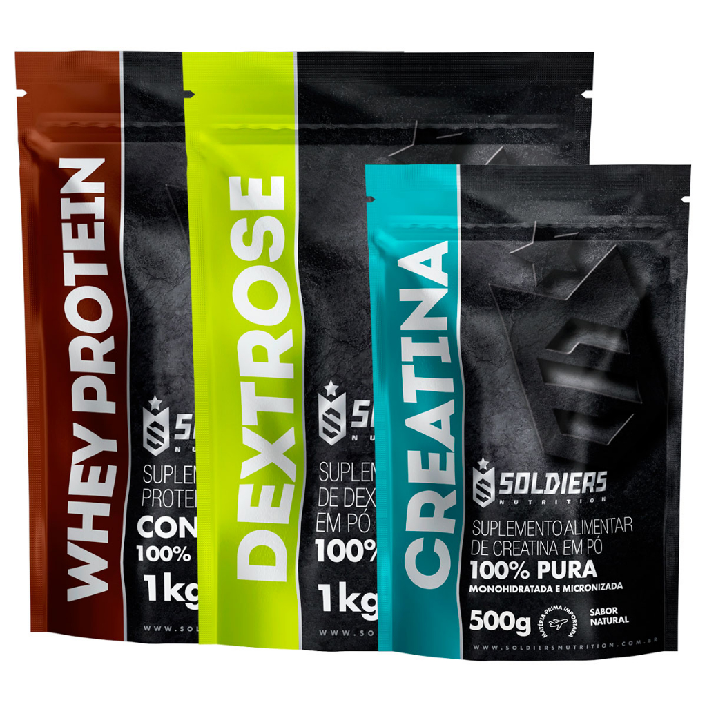 Kit: Whey Protein Concentrado 1kg + Creatina 500g Monohidratada + Dextrose 1kg – 100% Importado – Soldiers Nutrition