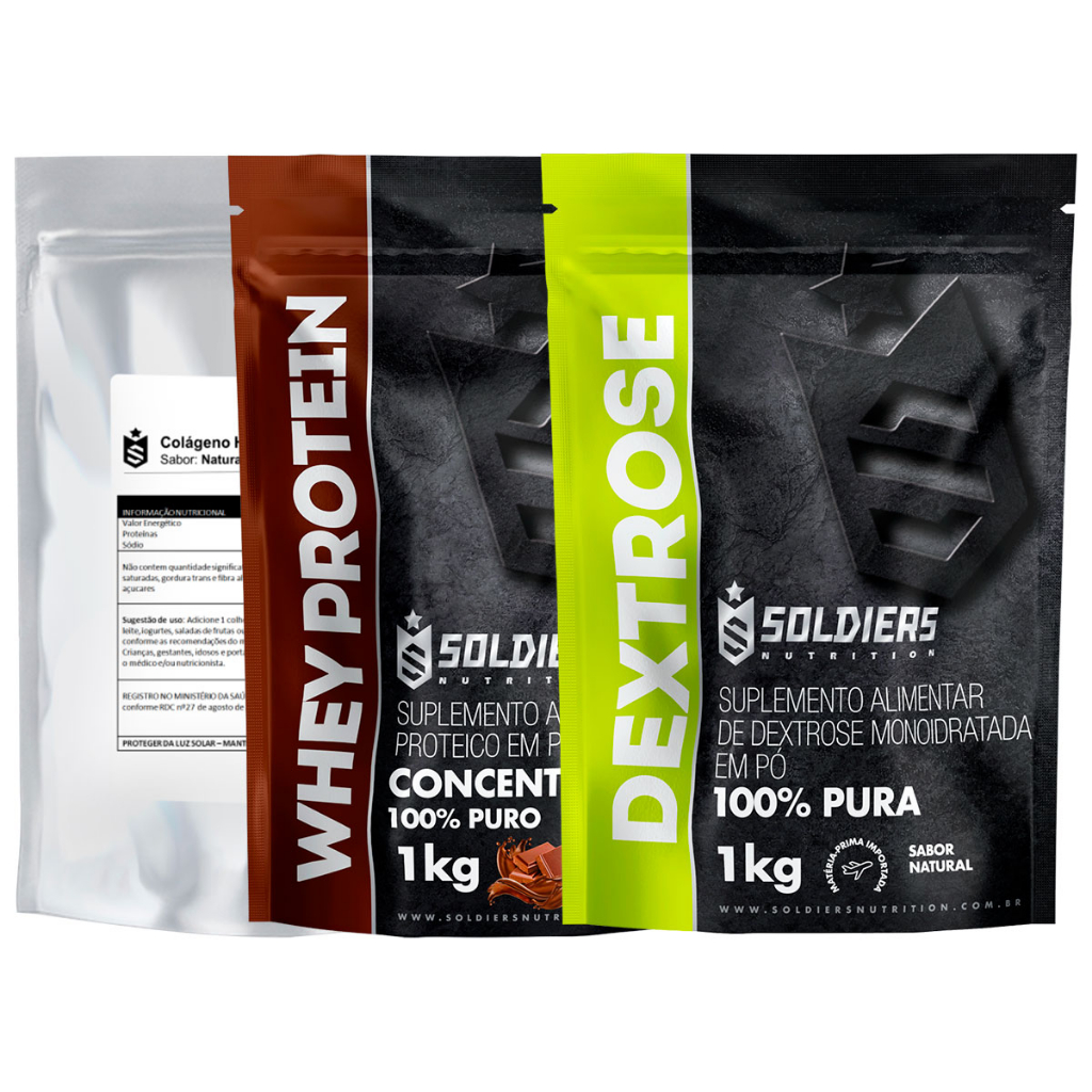 Kit: Whey Protein Concentrado 1Kg + Colágeno Tipo 1 Hidrolisado 1Kg + Dextrose 1Kg – 100% Importado – Soldiers Nutrition