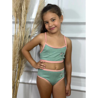 conjunto infantil menina moça sem bojo canelado & bordado gatinho