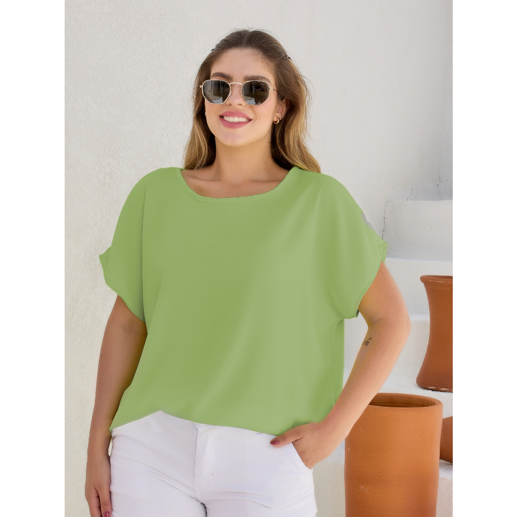Blusa Social Feminina de Tecido Viscolinho Manga Curta Plus Size