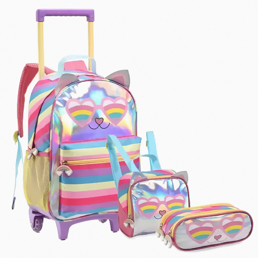 Kit Mochila Infantil Menina Escola De Rodinha Feminina Gatinha Arco Íris Kit C/ Mochila Lancheira Térmica e Estojo