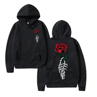 Blusa Moletom Flanelado Bolso e Toca Mão Caveira Flor