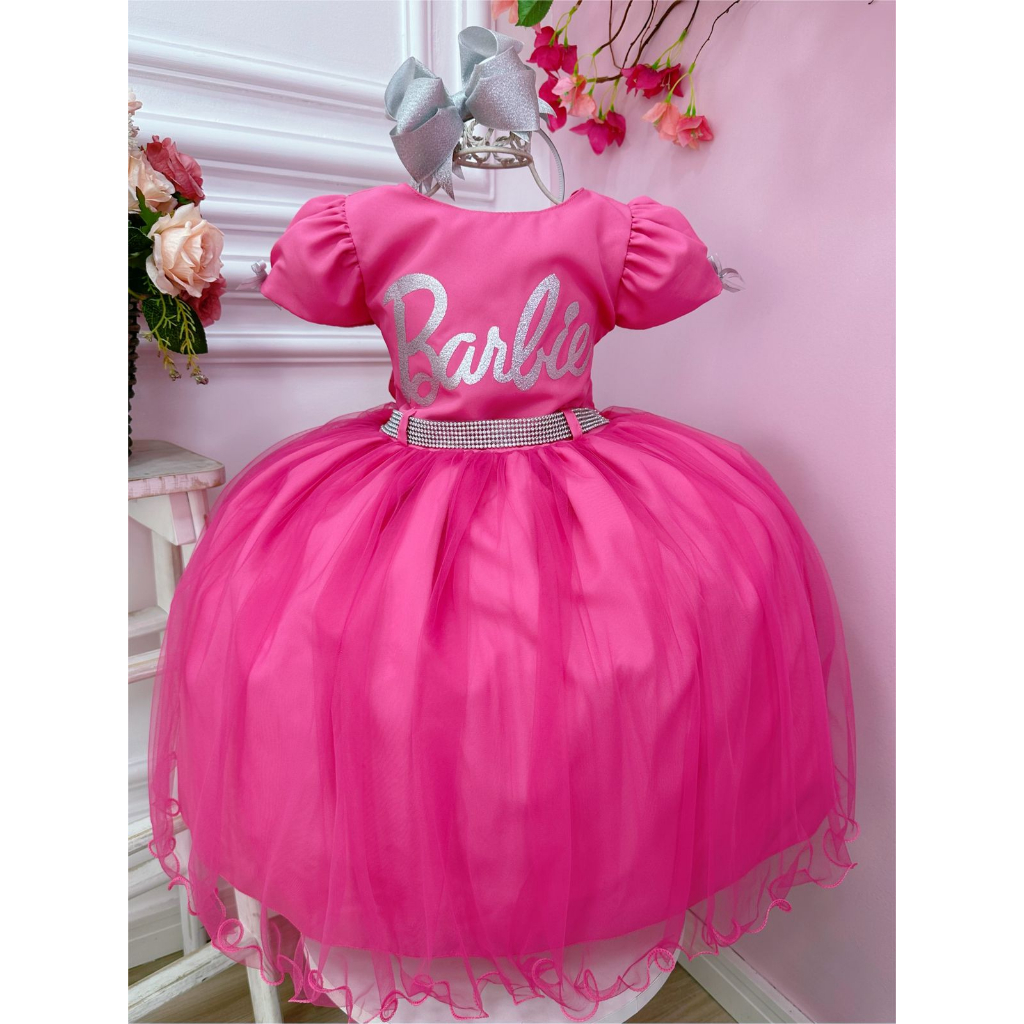 Vestido Infantil Barbie Princesa Rosa Chiclete com Cinto