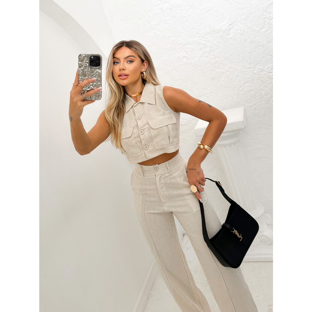 Conjunto Linho Colete e Calça Cintura Alta Elegante Feminino