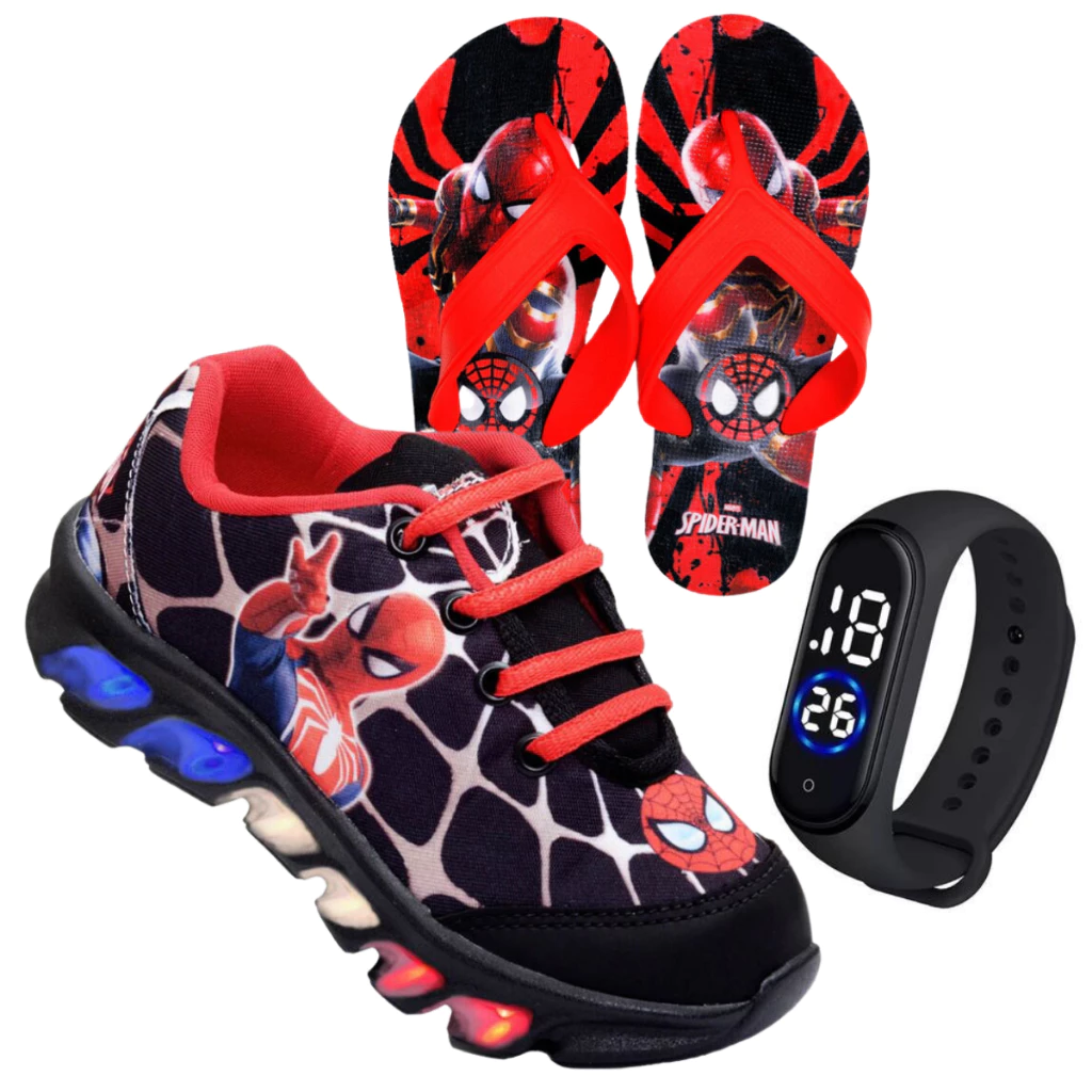 Kit tenis de LED Homem Aranha masculino mais chinelo mais relogio