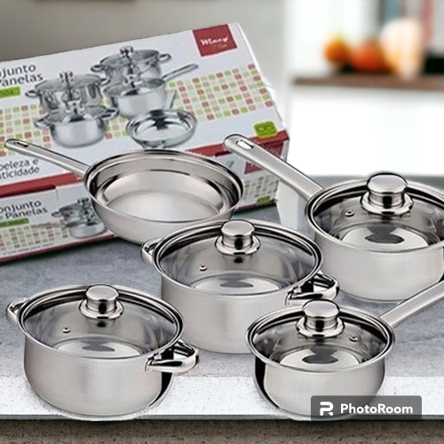 Conjunto Panelas 5 Peças Tampa Vidro Aço Inox