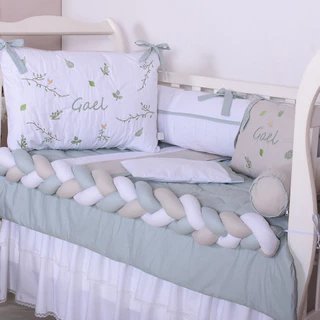 Kit Berço Trança Personalizado Arbo Branco/Verde/Bege - 09 Peças