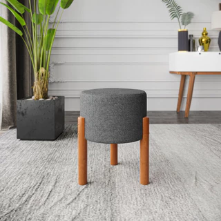 Puff Banquinho Redondo Decorativo em Linho Pés Madeira Maciça Cor Cinza - Thor – Lojas MS Decor