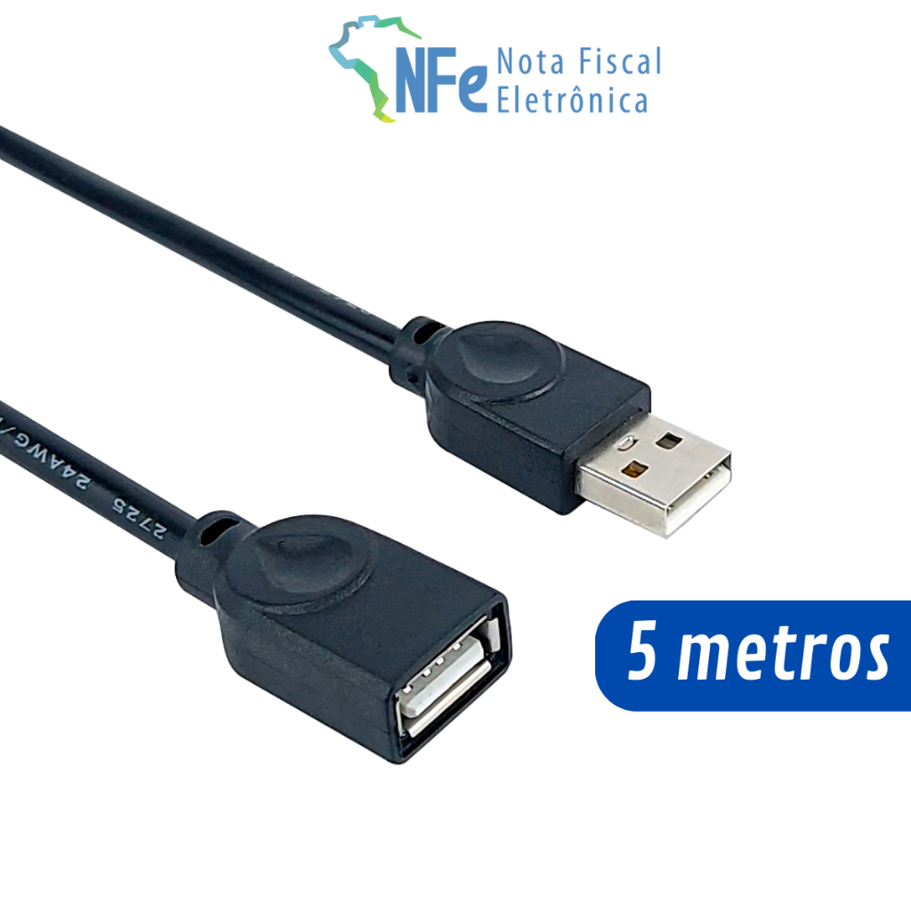 Cabo Extensor USB 2.0 de 5 Metros Macho x Fêmea AM+AF com Filtro
