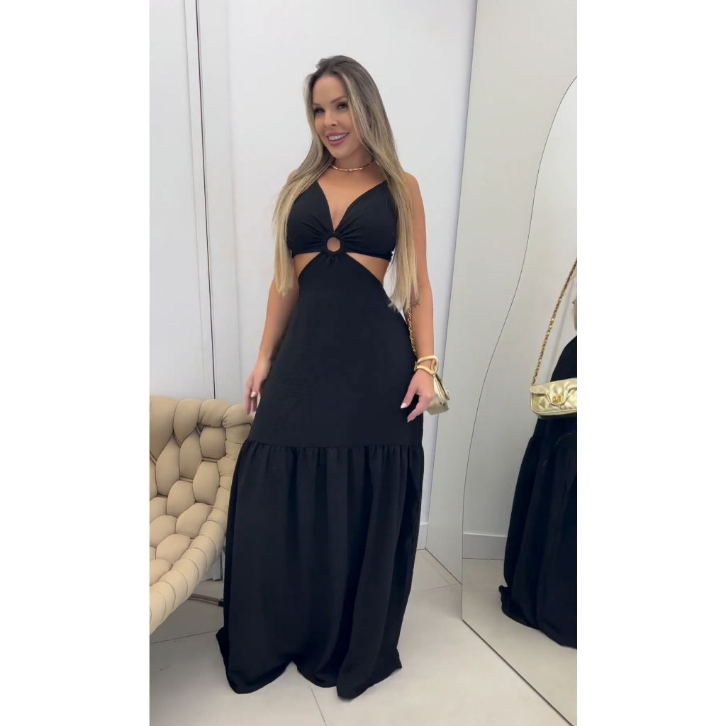 vestido longo duna decote lateral amarração nas costas preto