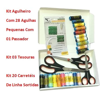 Kit 03 Tesouras Costura 20 Carretéis de Linha Mais Kit Agulheiro com 28 Unidades