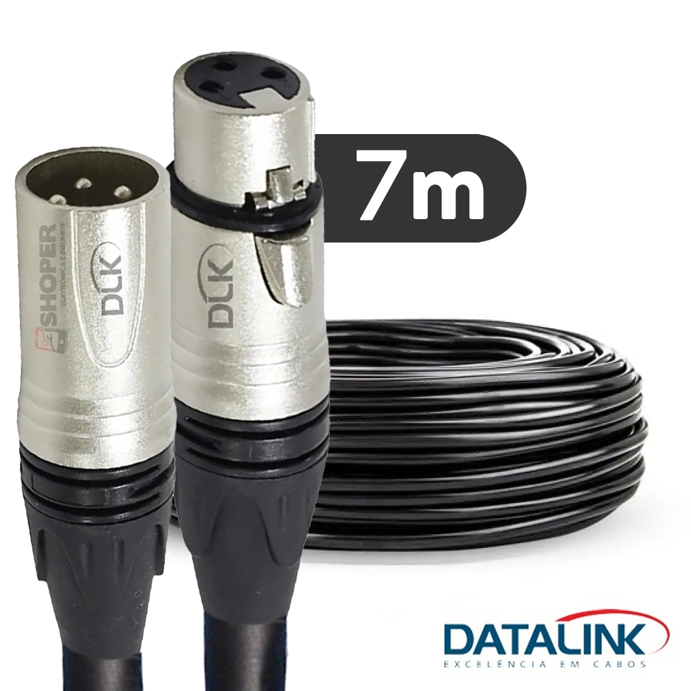 7 Metros Cabo XLR Profissional Balanceado - Datalink - Cabo 7 Metros Para Microfone XLR Macho e Fêmea