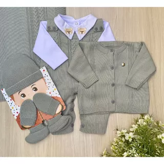 Saída De Maternidade Menino Cinza Tricot Kit Gorro